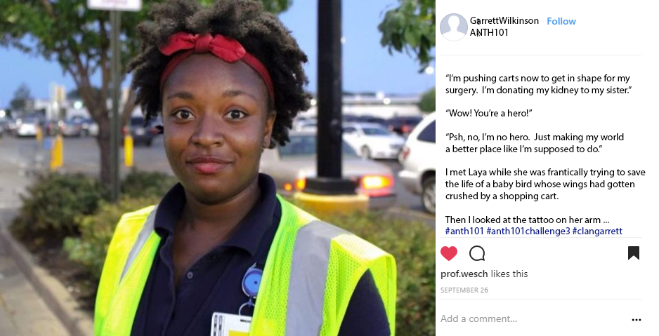 Example of a Challenge 1 post showing a woman who collects carts at wal-mart as she tries to stay in shape to donate a kidney to her sister. She is also trying to save the life of a baby bird.